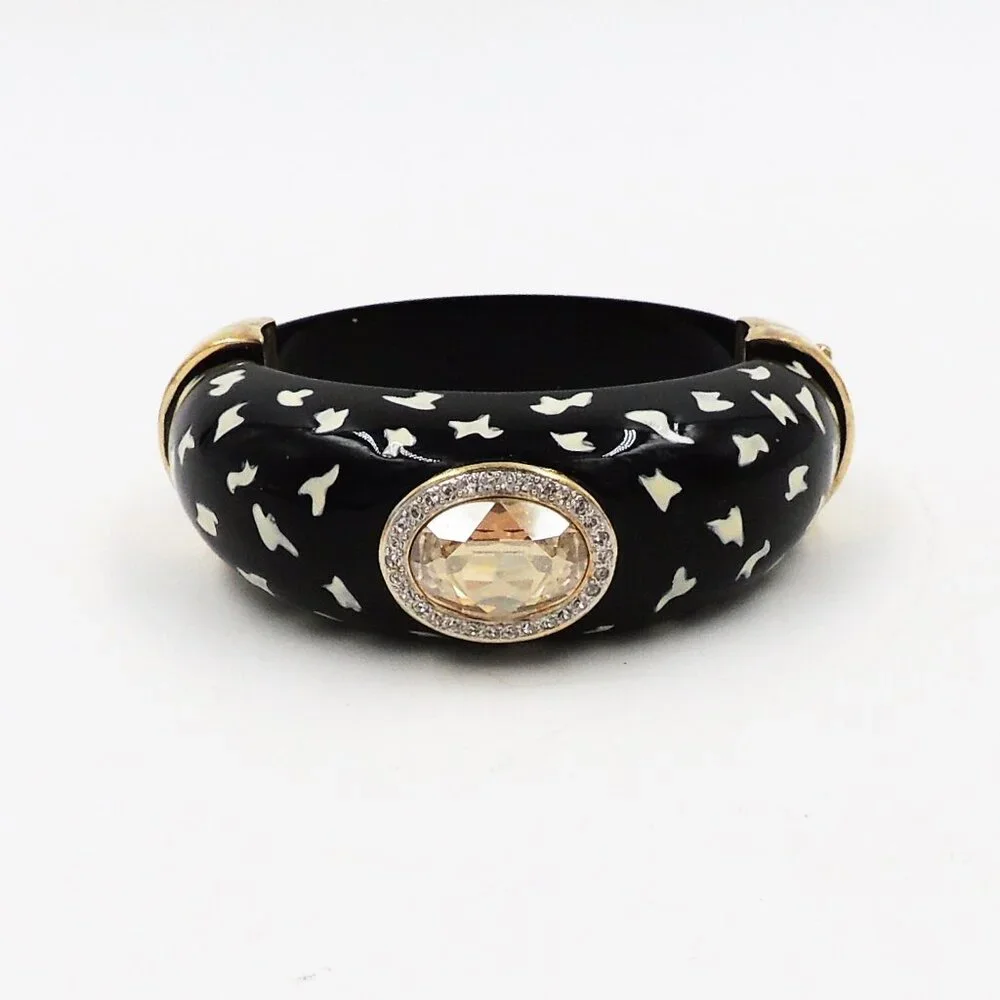 Vintage 1980s Italian Black Spotted Rhinestone Cuff Bracelet - Picture 7 of 11